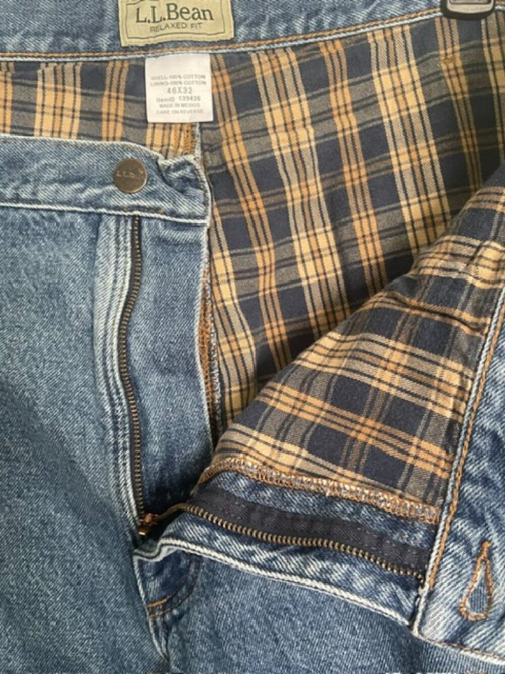 LL Bean Jeans Mens 46x32 Blue Flannel Lined Relaxed Fit Denim 100% Cotton T19